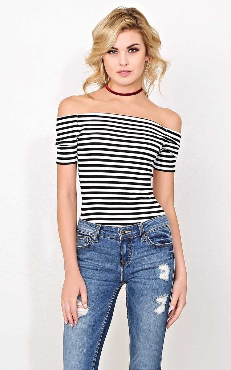 In The Night Off The Shoulder Knit Top - - Black/White in Size by Styles For Less
