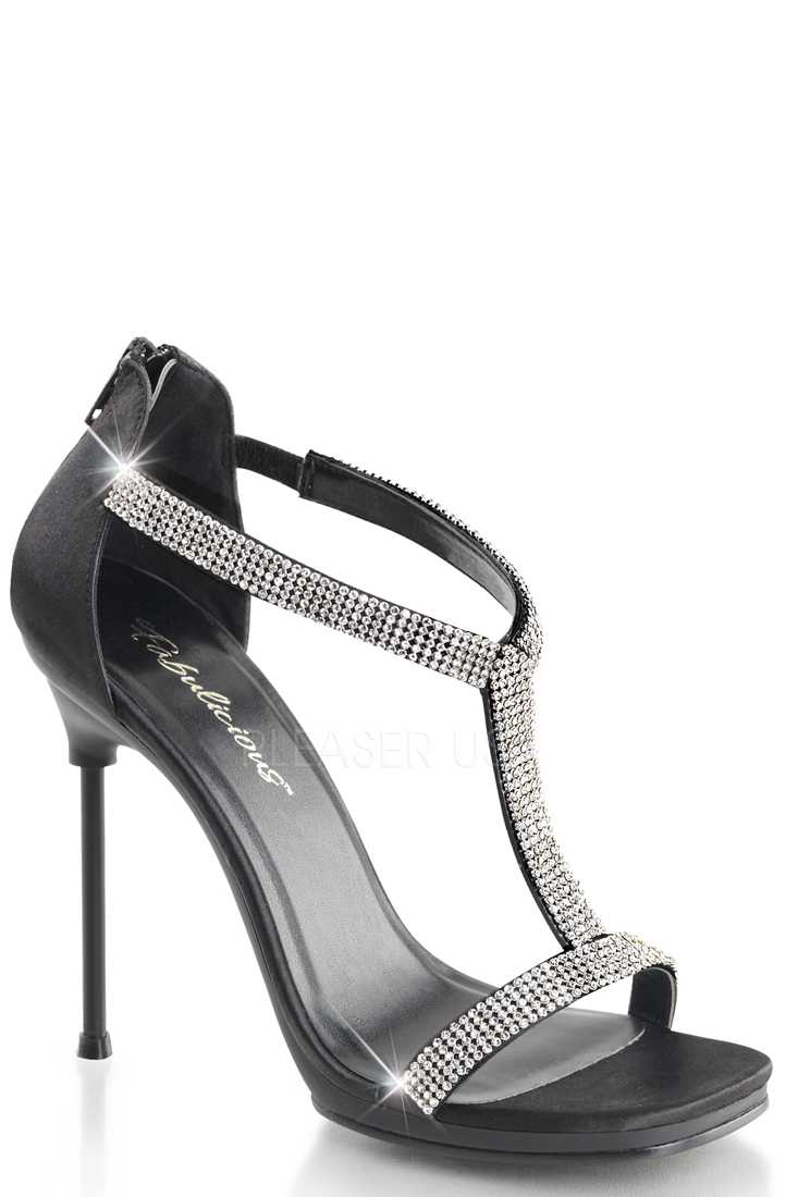 Black Satin Rhinestone T Strap Sandal High Heels