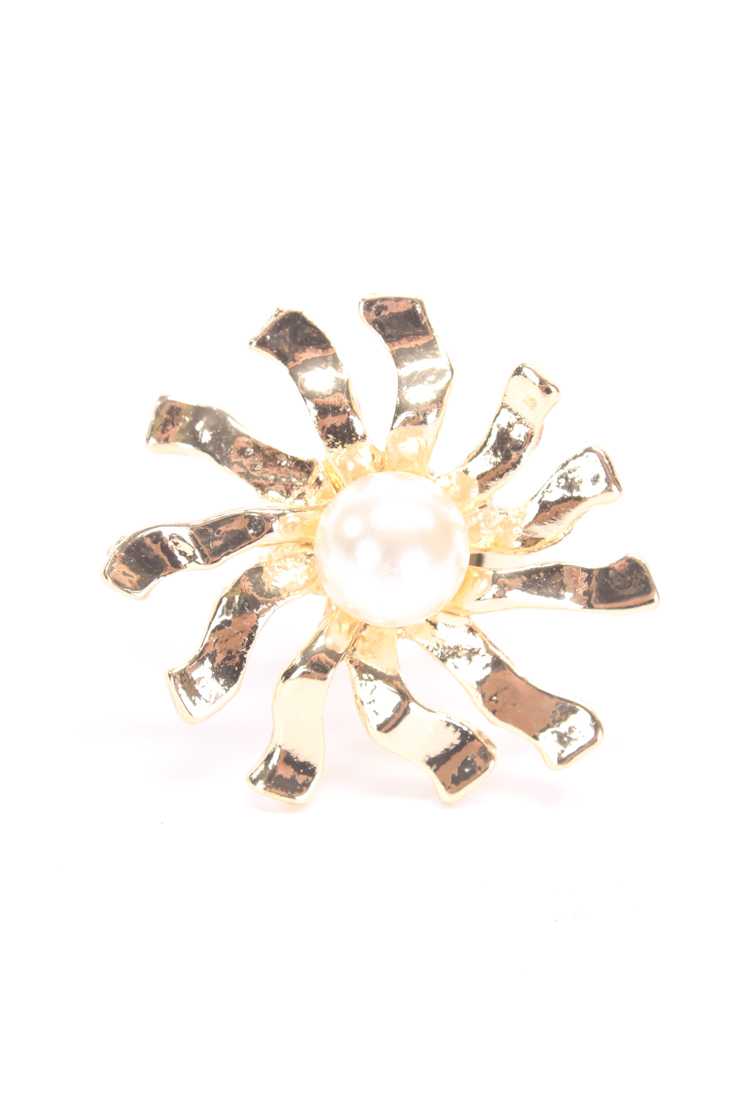 Gold High Polish Metal Floral Pearl Ring