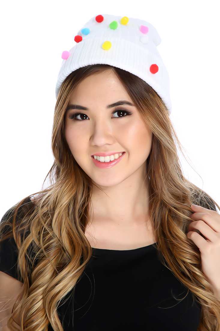 White Attached Pom Pom Ribbed Beanie