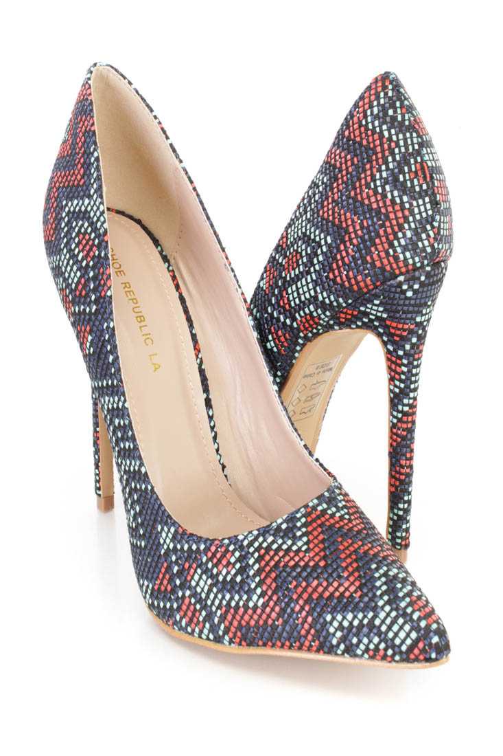 Blue Chevron Woven Single Sole Pump Heels Straw