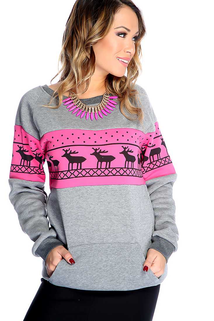 Grey Long Sleeve Reindeer Print Casual Pullover