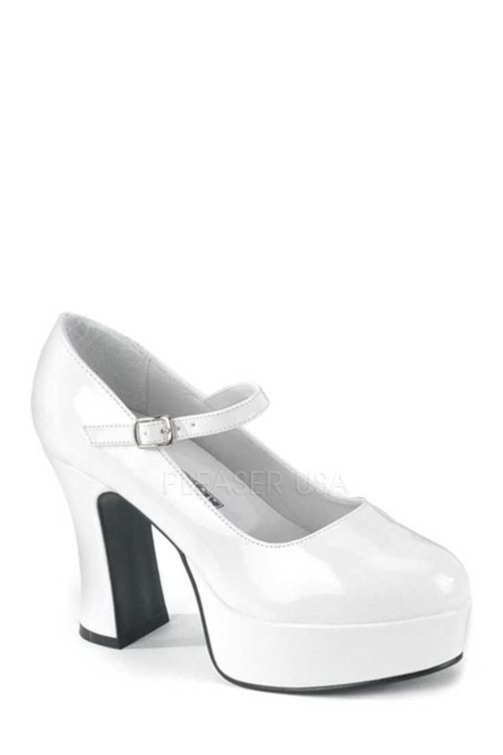 White Wide Width Maryjane Chunky High Heels Patent