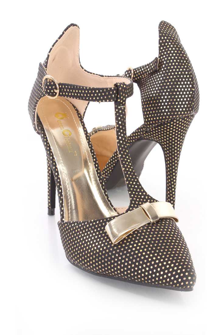 Black Bow Tie T Strap Single Sole High Heels Faux Leather