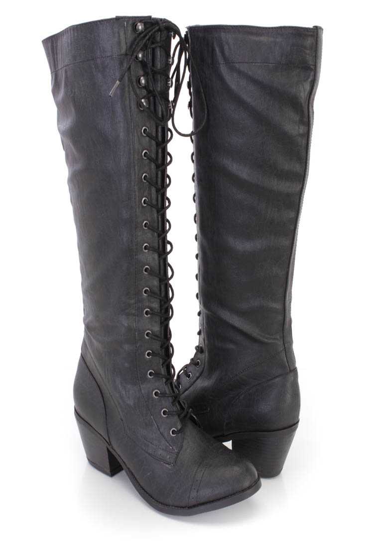Black Lace Up Mid Calf Boots Faux Leather
