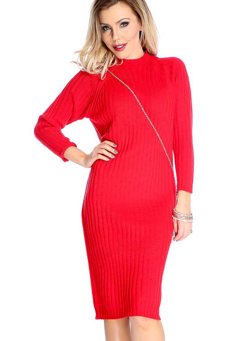 Sexy Red Knitted Ribbed Long Sleeve Sweater Dress