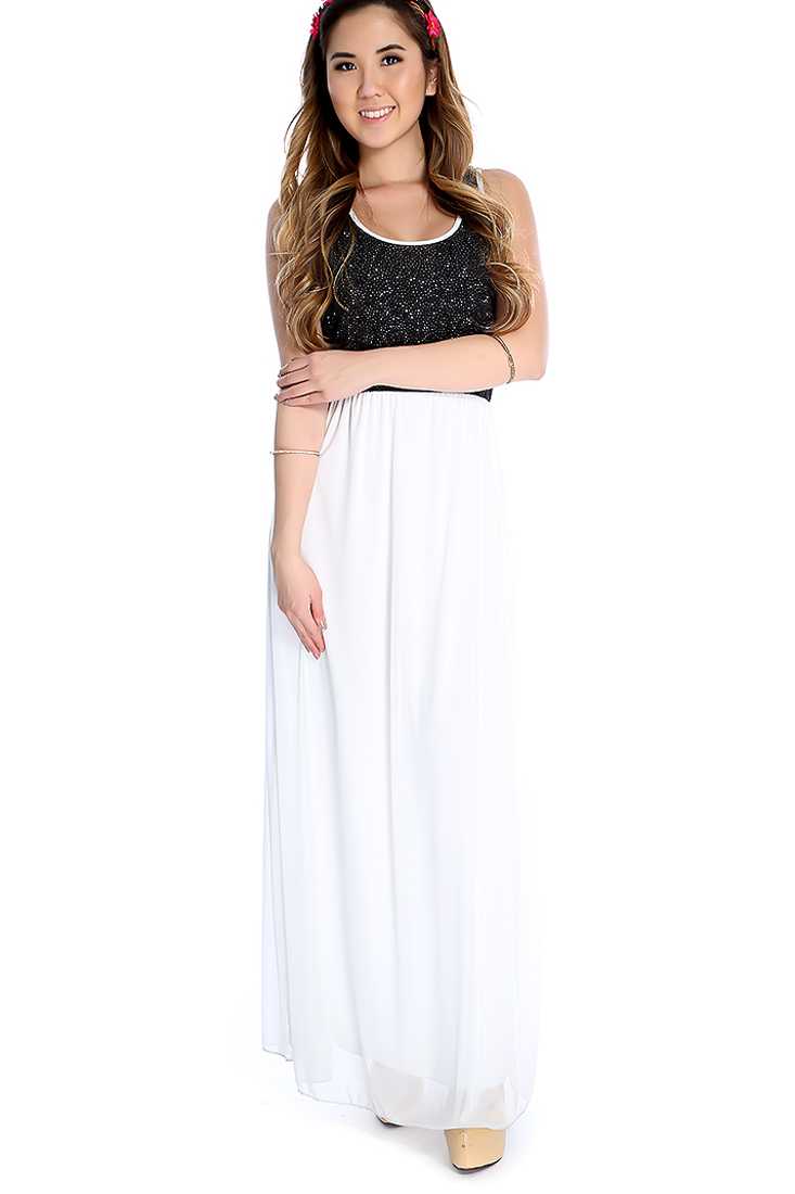 Stylish Black White Sleeveless Studded Maxi Dress