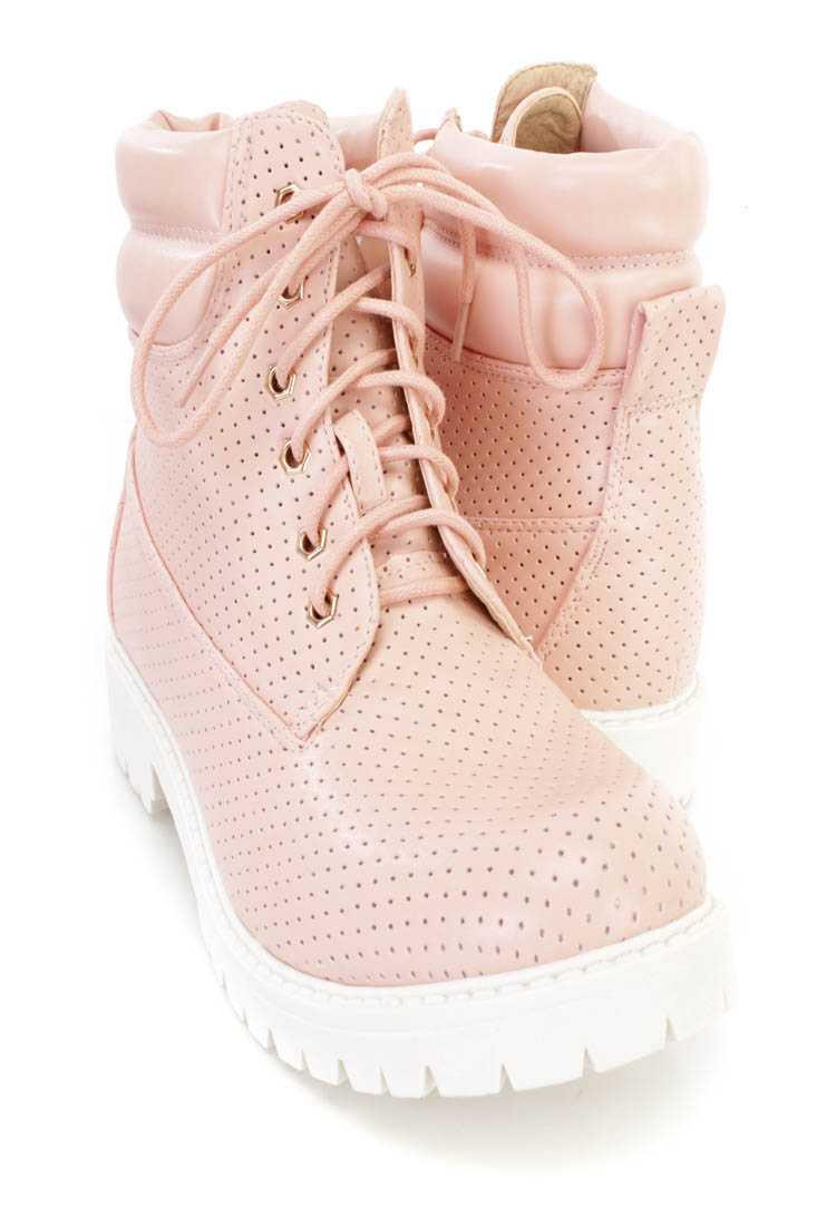 Pink Perforated Lace Up Boots Faux Leather