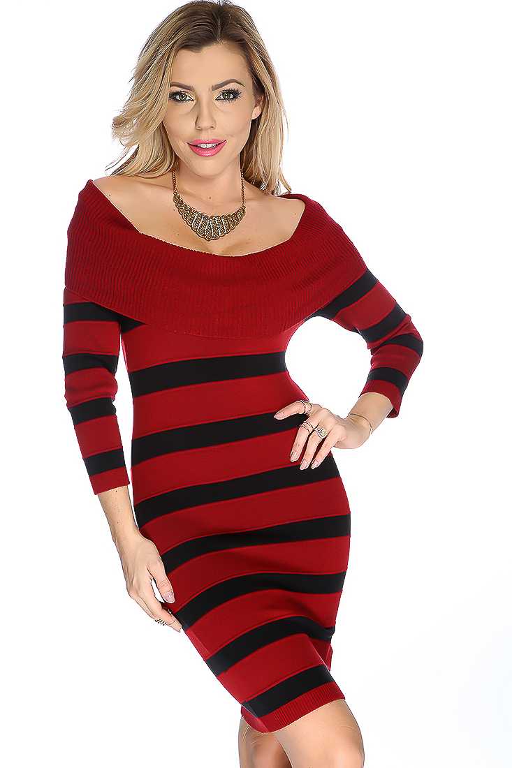 Sexy Burgundy Striped Off Shoulder Sweater Dress
