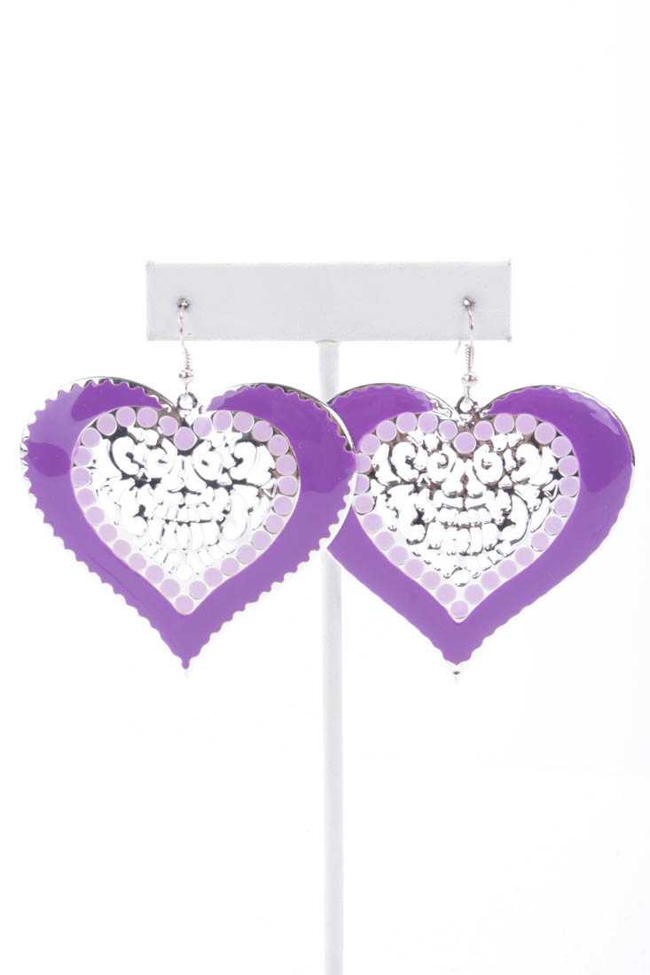 Purple Lacquer Finished Intricate Design High Polish Metal Earrings