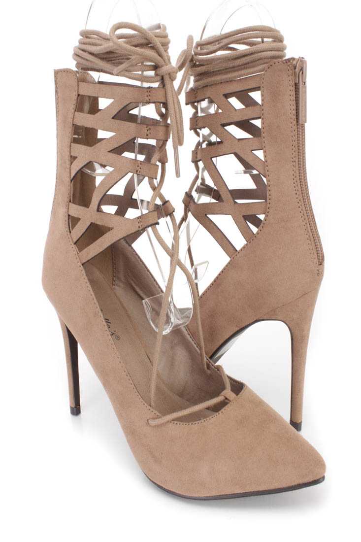 Natural Wrap Around Tie Single Sole High Heels Faux Suede
