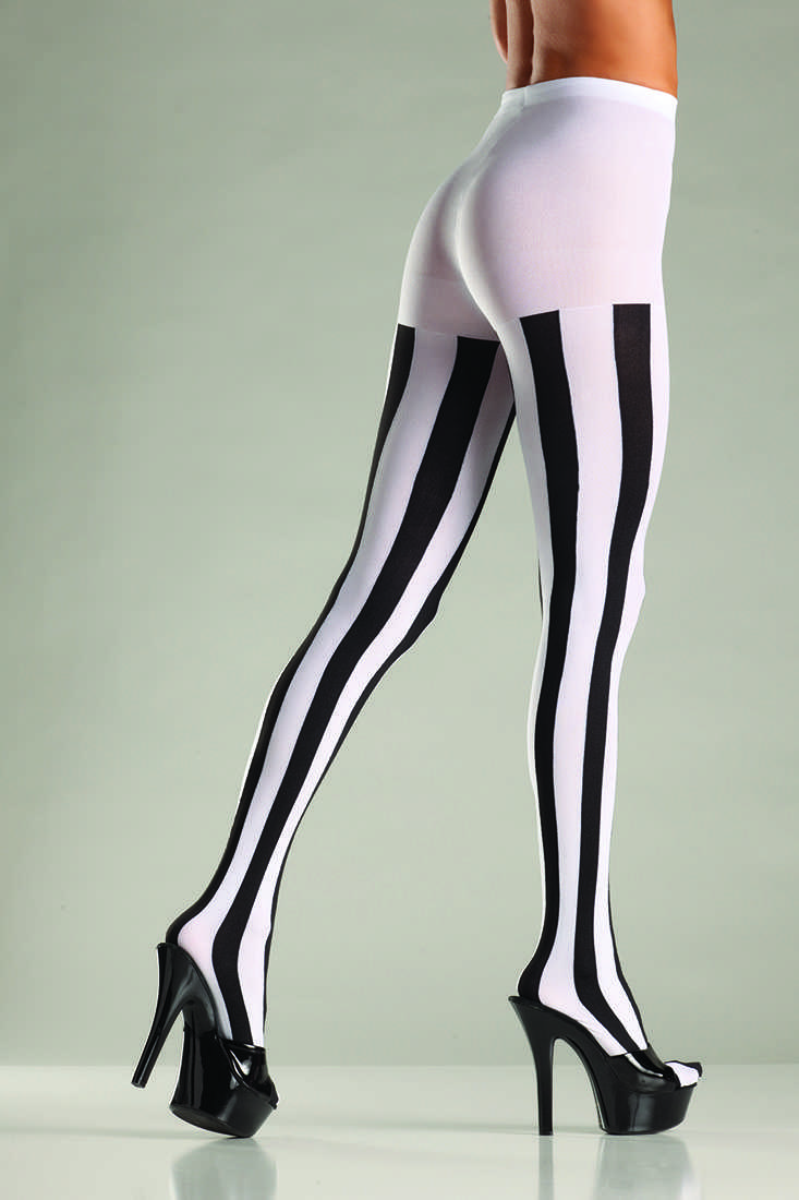 Black White Opaque Vertical Stripe Tights