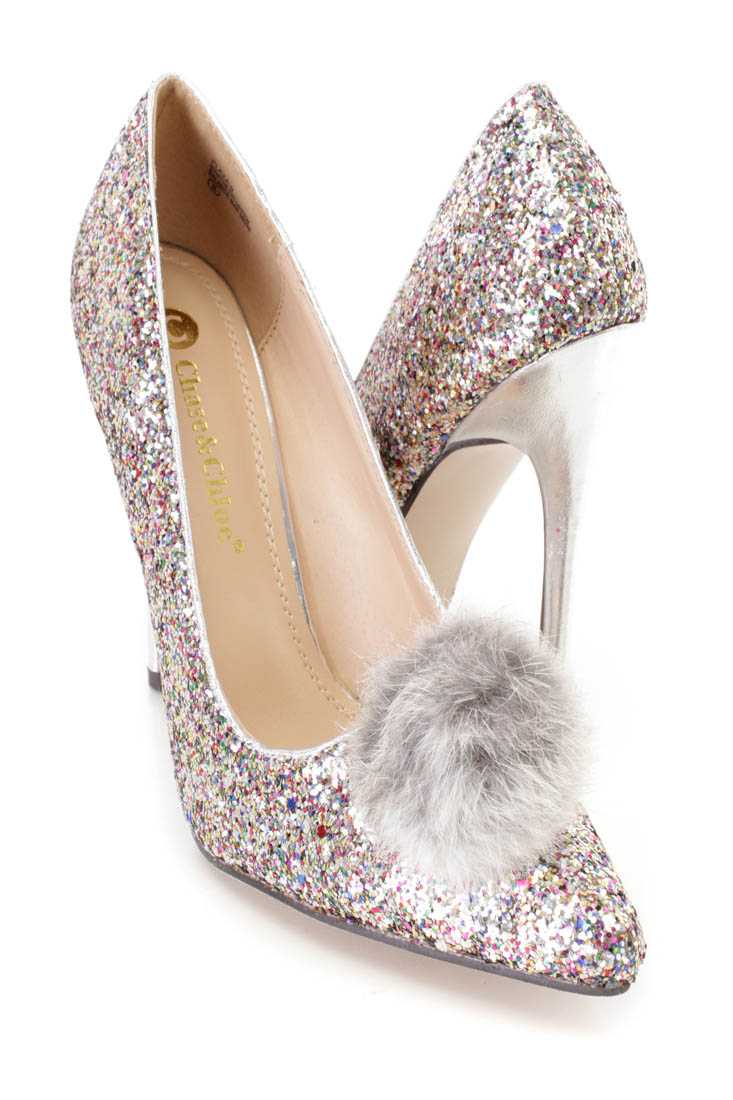 Silver Faux Fur Pom Pom Single Sole Pump Heels Glitter