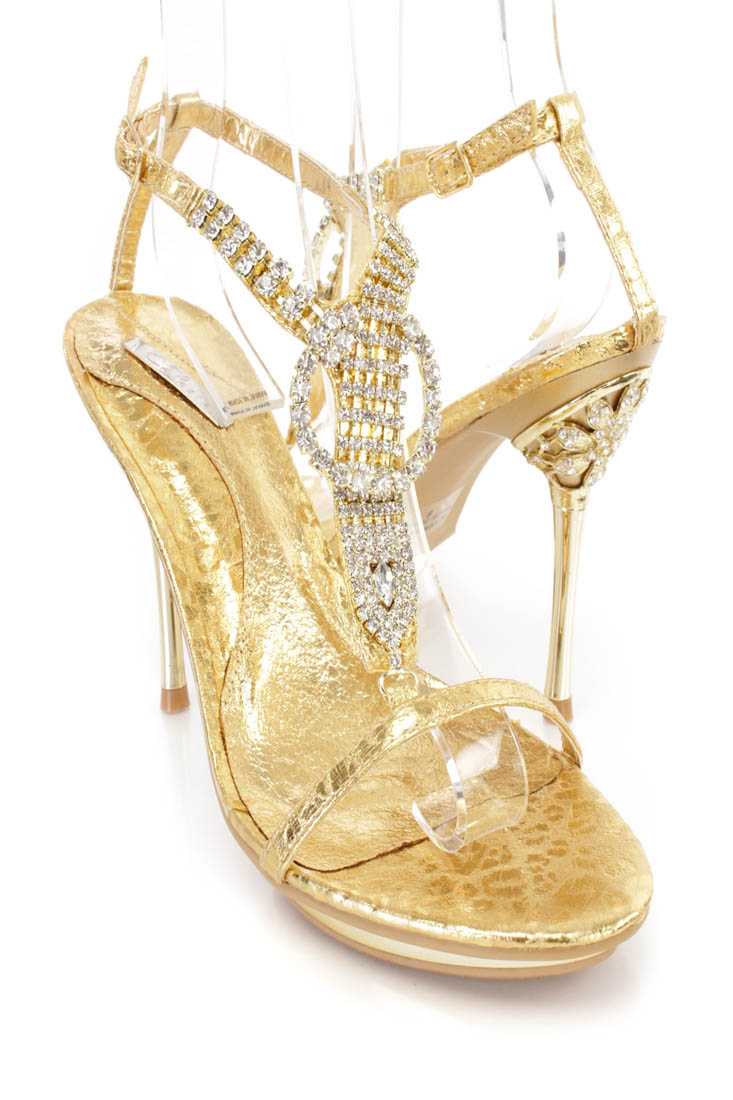 Gold Rhinestones T Strap Sandal High Heels Faux Leather