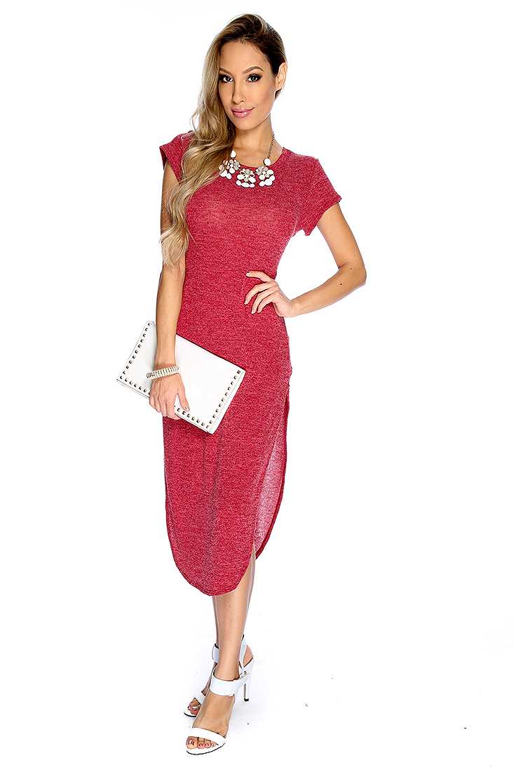 Sexy Burgundy Short Sleeve Rounded Hem Casual Midi T-Shirt Dress