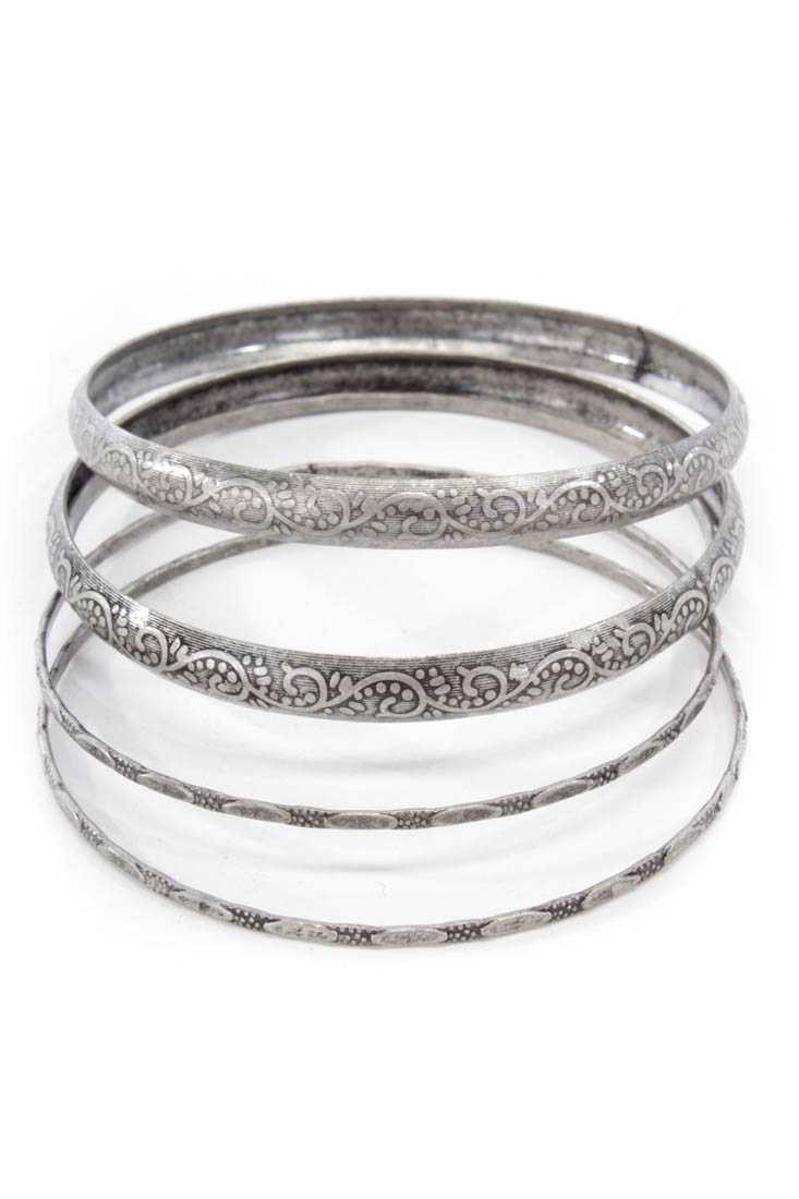 Silver Textured High Polish Metal Bangle Bracelets