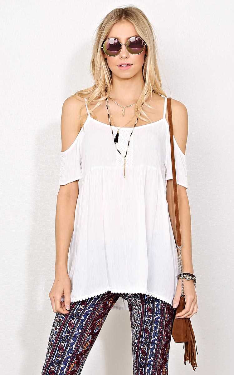 Sunlight Woven Cold Shoulder Top - LGE - White in Size Large by Styles For Less