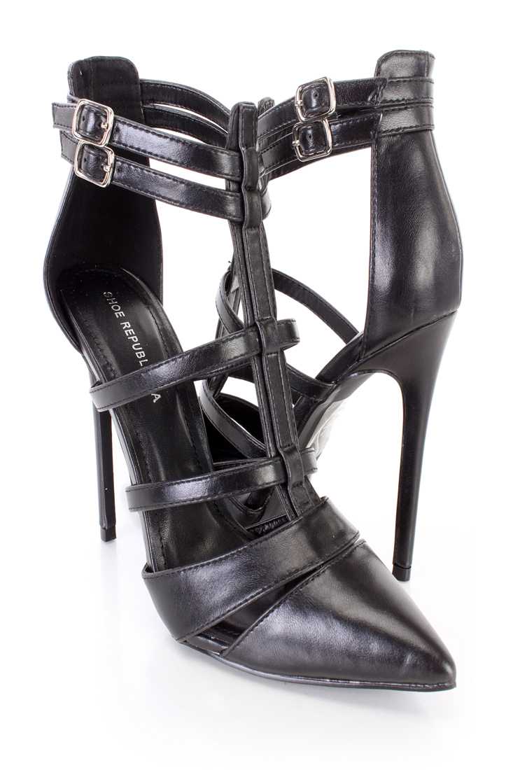 Black Strappy Single Sole High Heels Faux Leather
