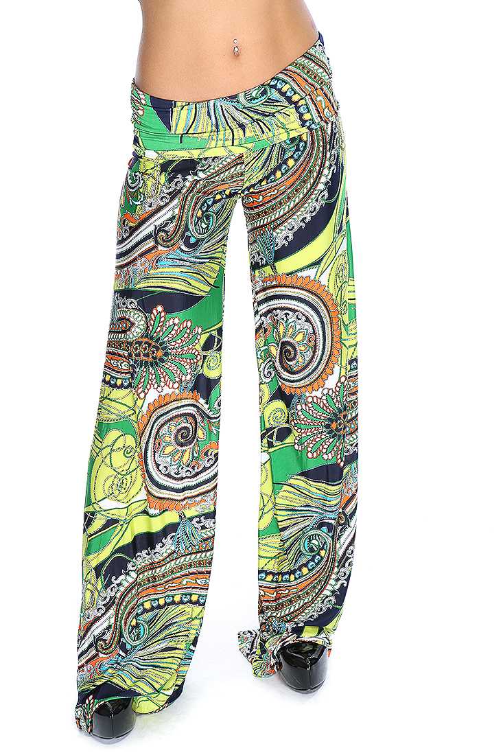 Chartreuse Navy Print Wide Leg Cute Casual Pants