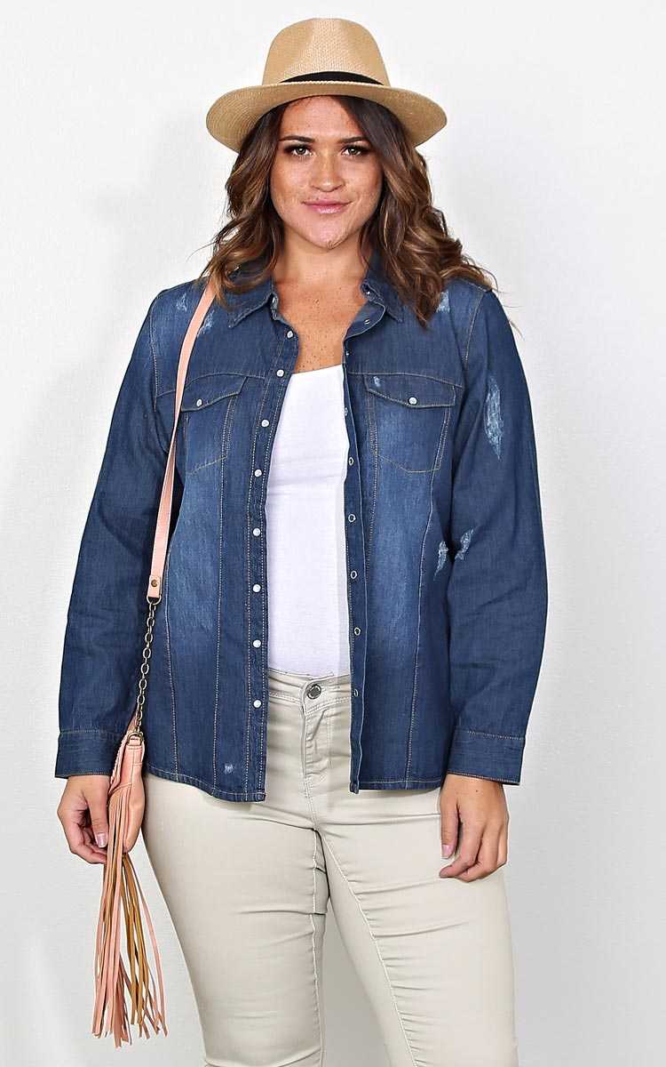 Plus Size Shake and Chambray Woven Top - Dark Denim in Size by Styles For Less