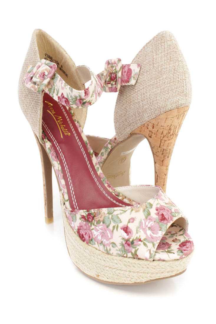 Beige Floral Print Espadrille Cork High Heels Fabric