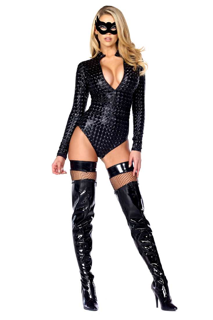 Sexy Black Hologram Zip-Front Bodysuit Costume