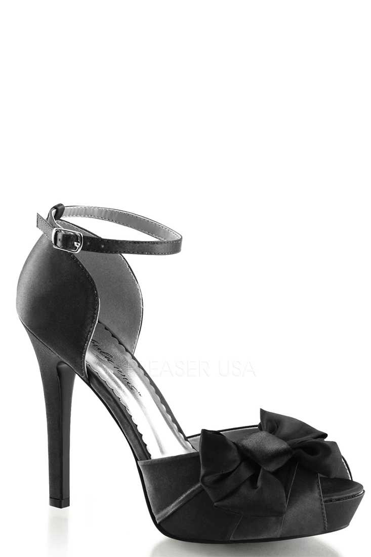 Black Bow Accent Peep Toe High Heels Satin