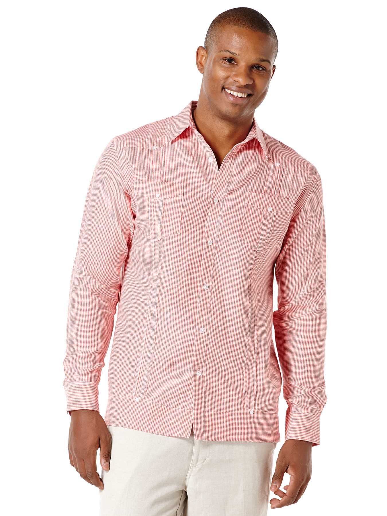 Cubavera 100% Linen Long Sleeve Gingham 2 Pocket Guayabera