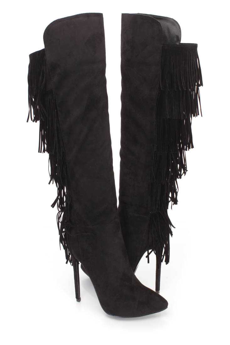 Black Fringe Pointy Toe High Heel BootsFaux Suede