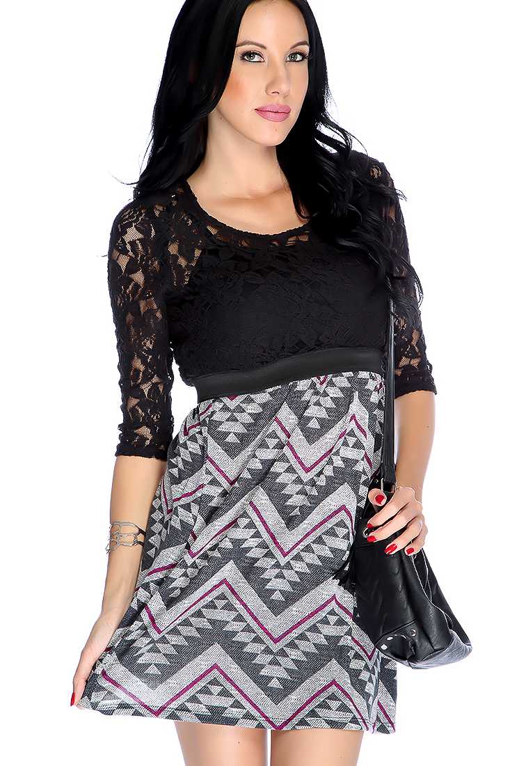 Black Quarter Sleeves Netted Floral Overlay Tribal Print Casual Dress