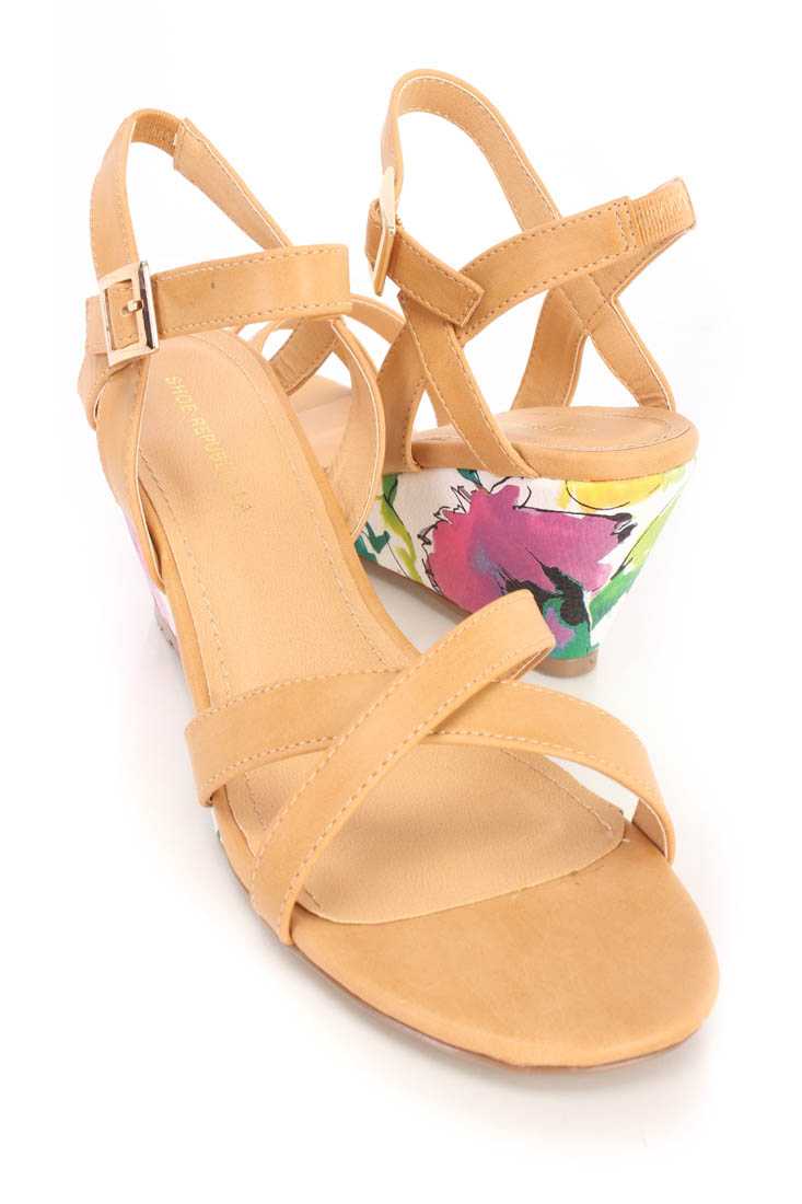 Camel Open Toe Floral Wedges Faux Leather