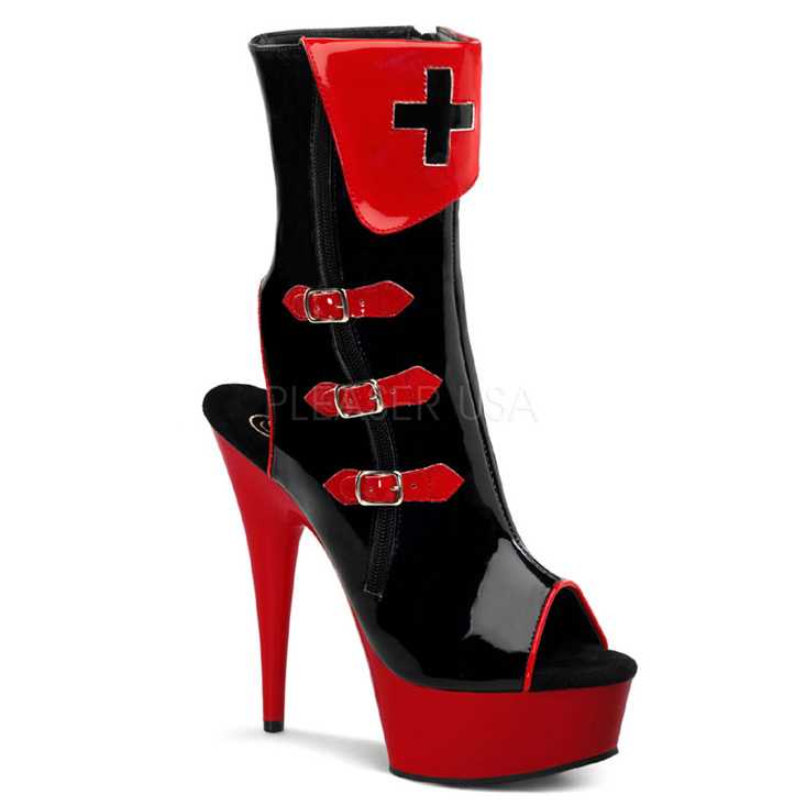 Black Red Patent Faux Leather Ankle Boots