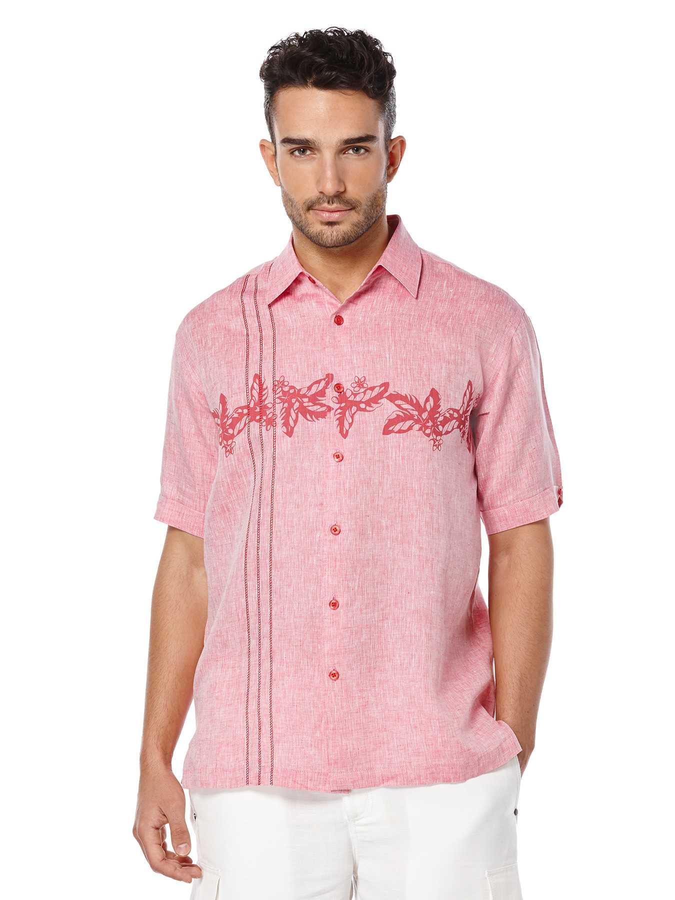 Cubavera Short Sleeve 100% Linen Embroidered and Print