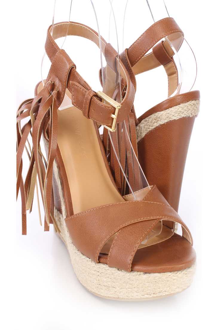 Cognac Tassel Cross Strap Espadrille Wedges Faux Leather