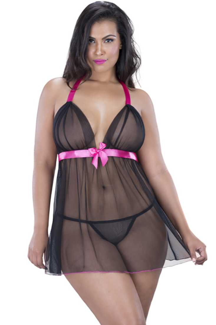 Black Hot Pink Two Tone 2Pc. Plus Size Baby Doll Lingerie Set
