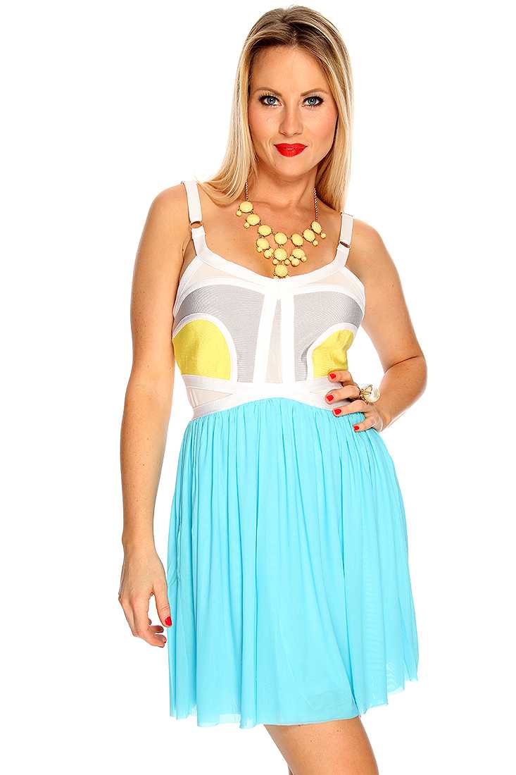 White Turquoise Sleeveless Bandage Cute Casual Sun Dress by Wow Couture