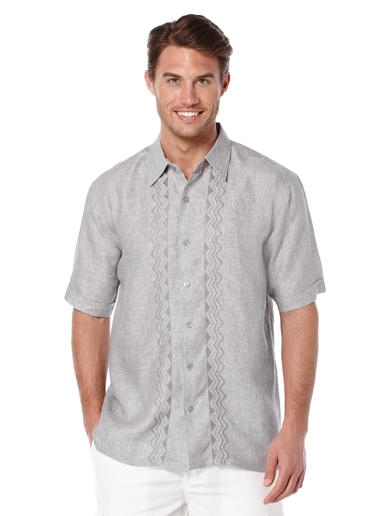Cubavera Short Sleeve 100% Linen Embroidered Panel