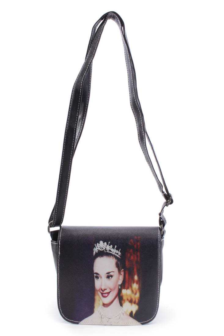 Black Faux Leather Actress Print Mini Handbag