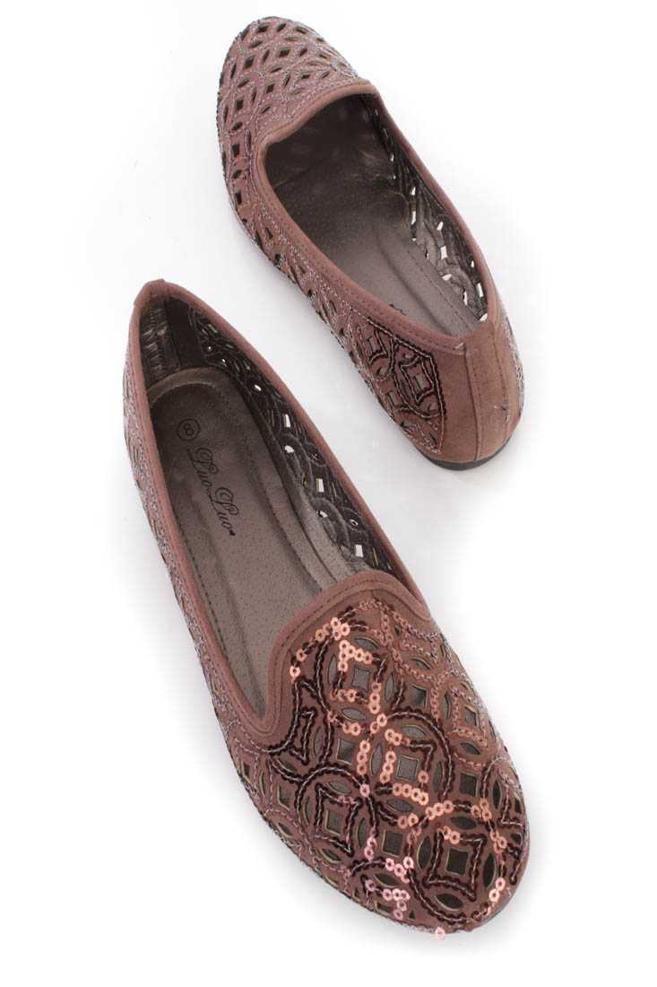 Brown Perforated Sequins Flats Faux Suede