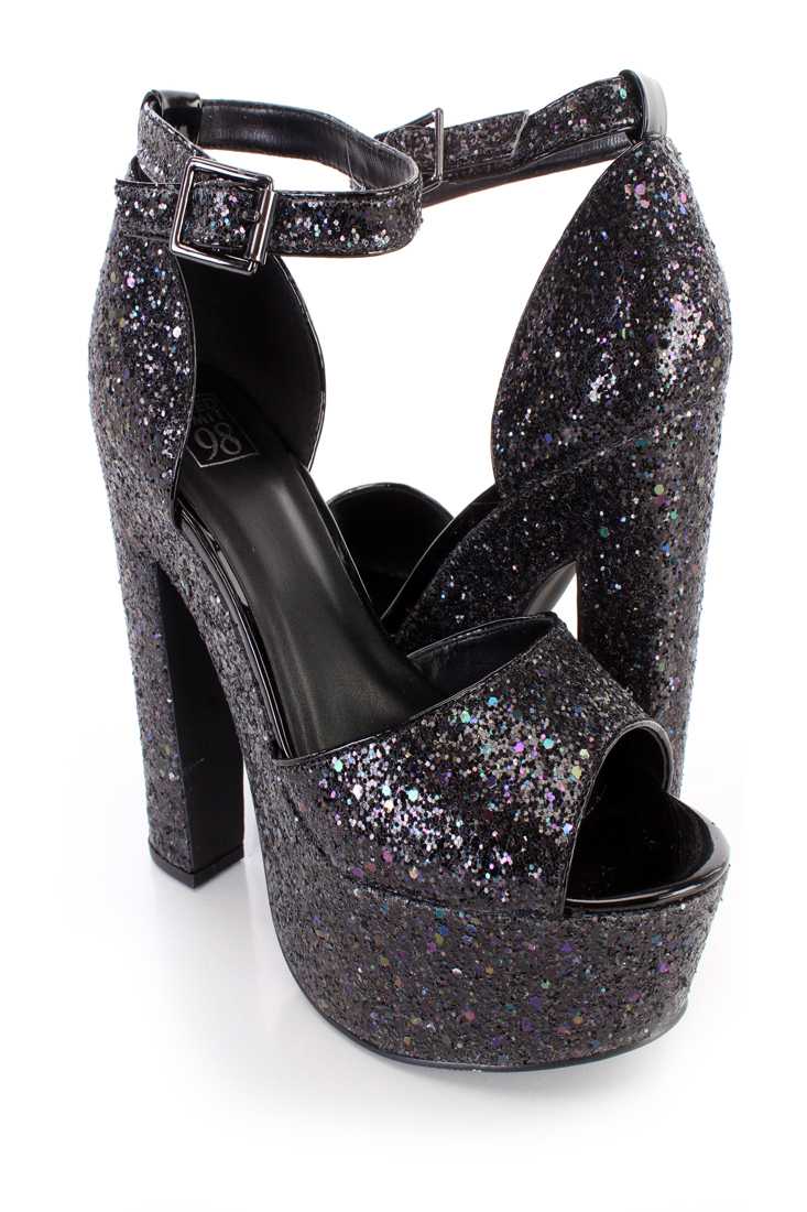 Black Chunky Platform 6 Inch High Heels Glitter