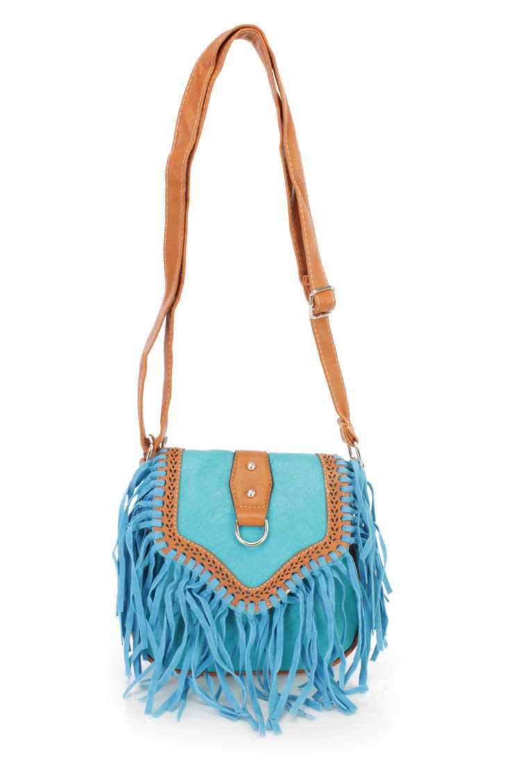 Turquoise Two Tone Faux Leather Fringe Accent Saddle Handbag