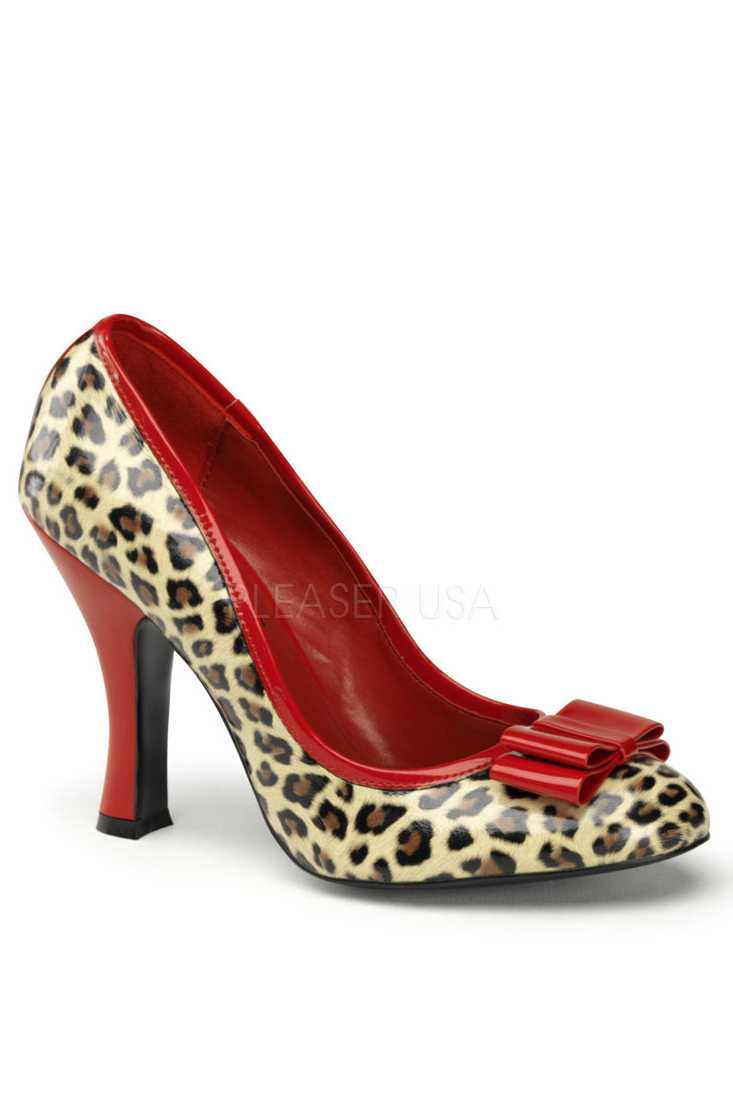 Tan Red Cheetah Print Bow Tie Single Sole Pump High Heels Patent