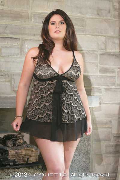 Black Beige Plus Size Lace Printed Mesh Babydoll Set