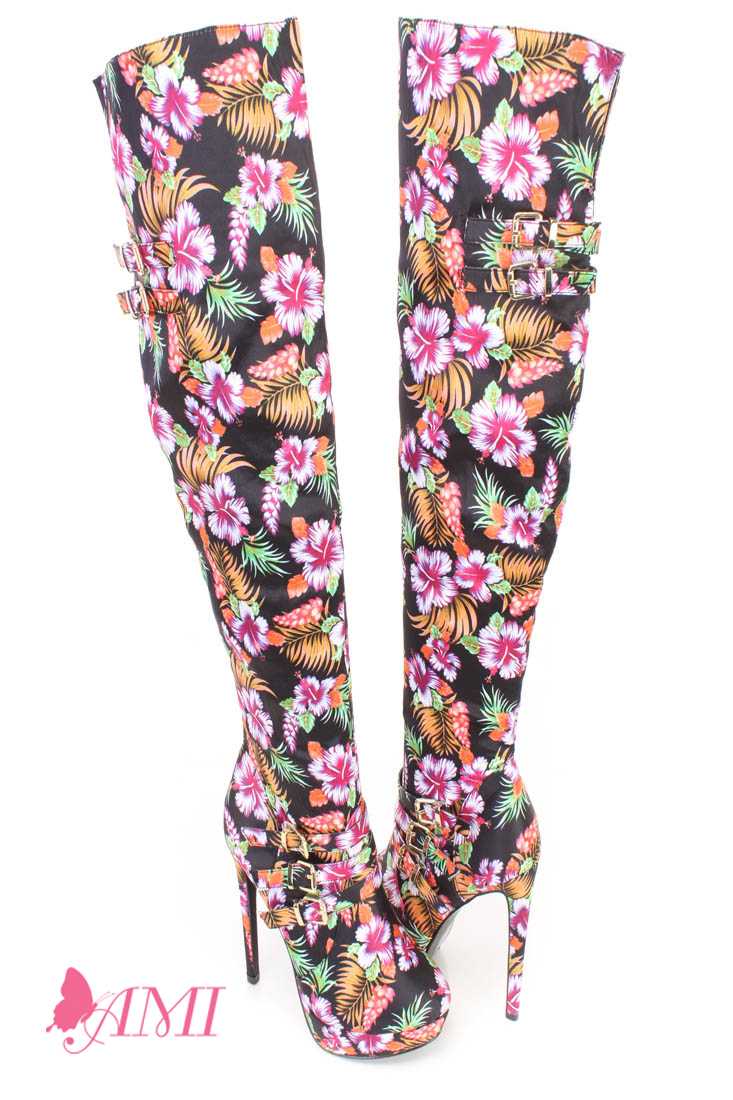 Pink Floral Print Thigh High Heel Boots Fabric