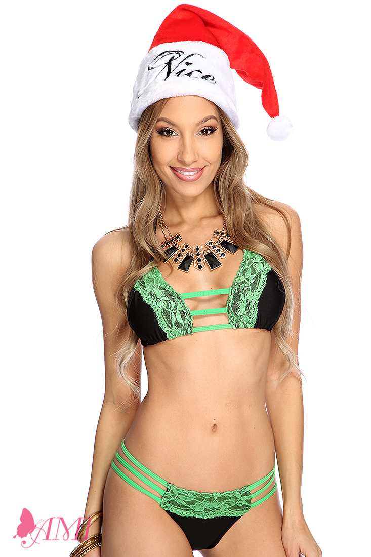 Black Green Strappy Lace Trim Pucker Back Sexy Swimsuit
