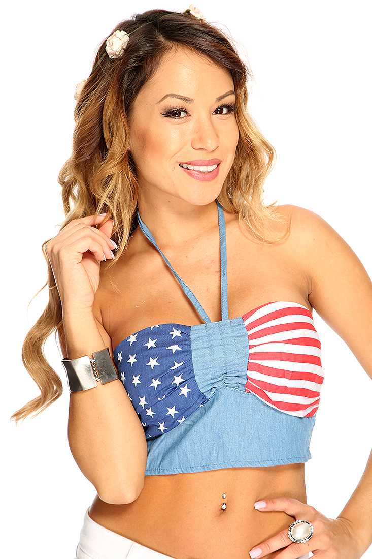 Blue Patriotic Print Halter Cute Casual Cropped Top