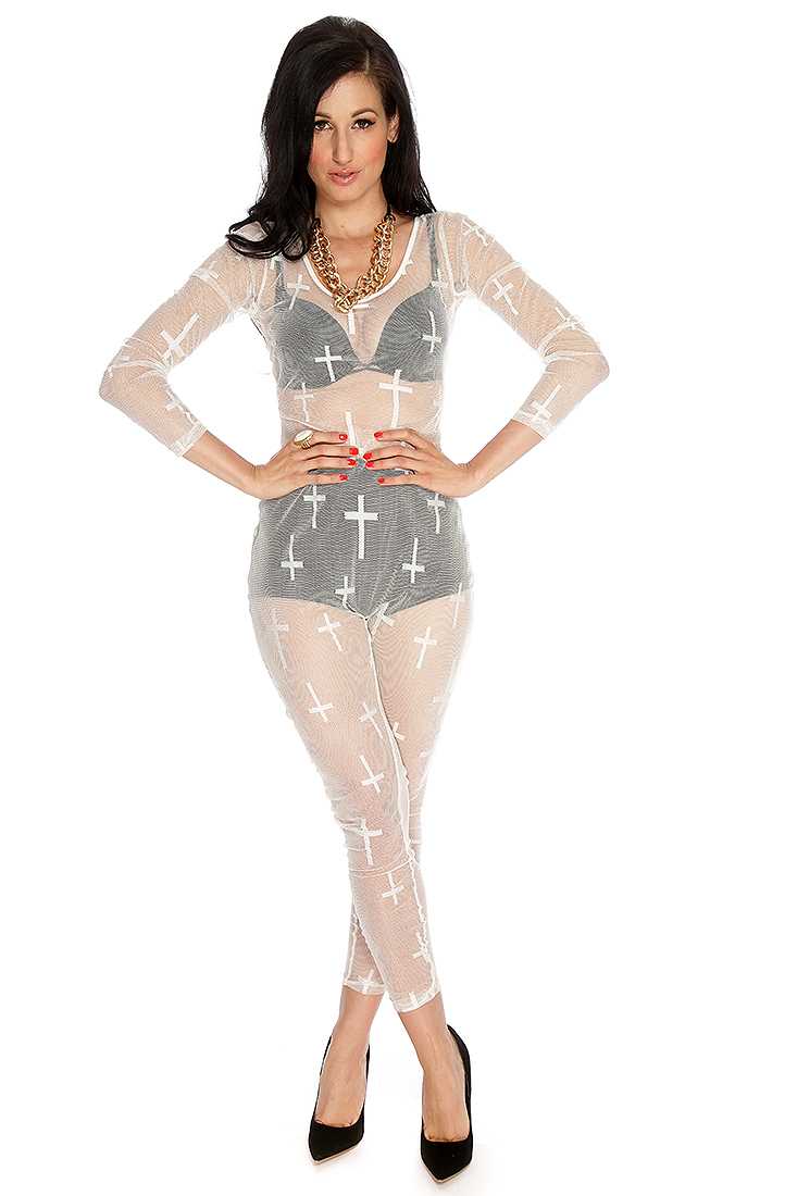 White Mesh Cross Print Long Sleeves Jumpsuit