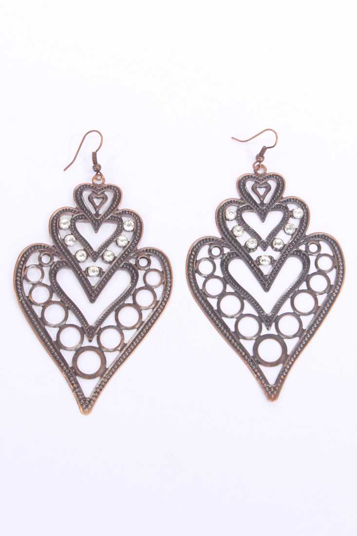 Brown Rhinestone Vintage Heart Shape Dangle Earrings