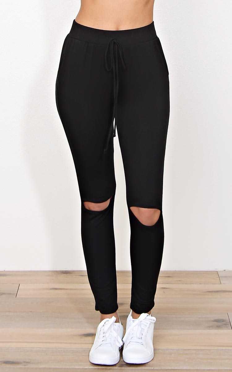 Shayla Slit Knee Knit Joggers - - Black in Size by Styles For Less