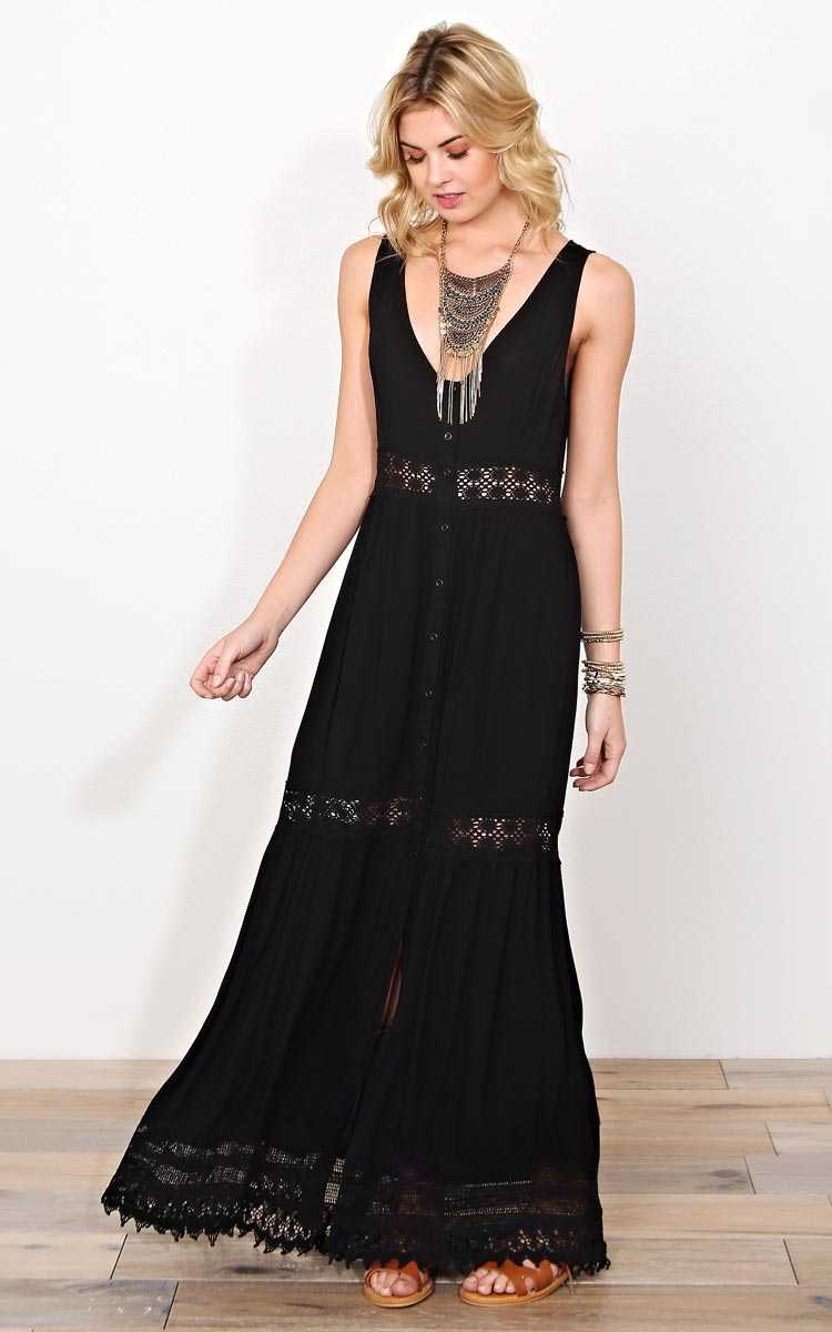 Moonshine Crochet Inset Maxi Dress - SML - Black in Size Small by Styles For Less
